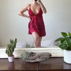 Red Mini Babydoll Slip Dress with Ribbon Detail